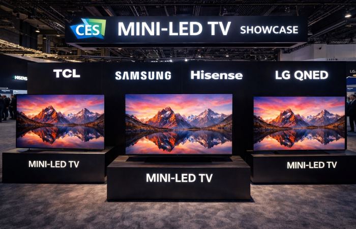 CES exhibition floor with multiple mini LED TVs from different brands