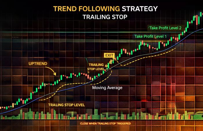 upward trending crypto chart with trailing stop capturing profits