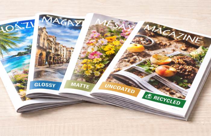 various magazine paper types including silk gloss and uncoated samples