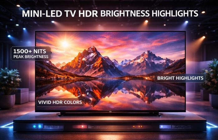 mini LED TV displaying high brightness HDR highlights and deep contrast