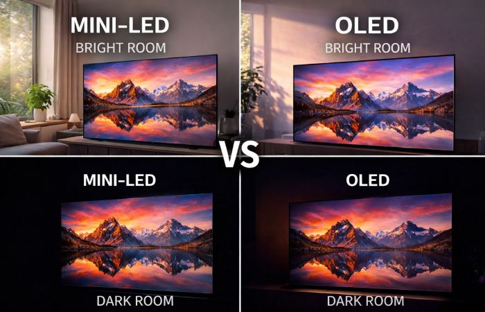 side by side comparison of mini LED bright room and OLED dark room viewing