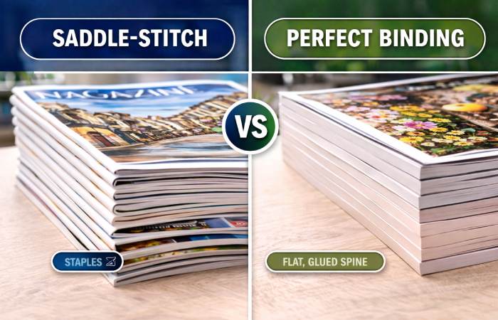 comparison of saddle stitched magazine and perfect bound magazine spine