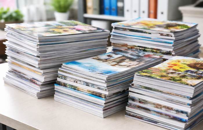stacks of magazines showing different quantities and thickness affecting cost