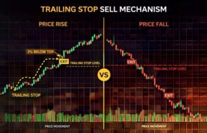 price rising with trailing stop moving upward then triggering on drop