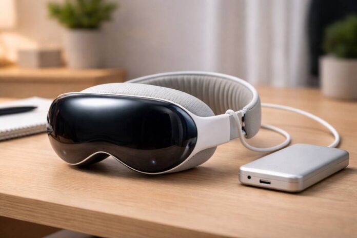 Apple Vision Pro headset displayed on desk representing spatial computing device