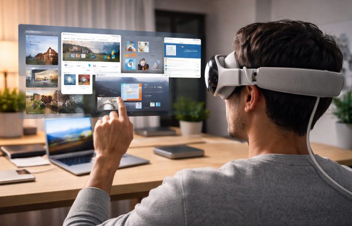 Person using Apple Vision Pro headset in spatial computing workspace