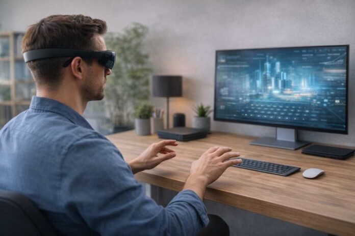 AR Typing in a Modern Workspace Person using augmented reality glasses and typing with mid-air hand gestures