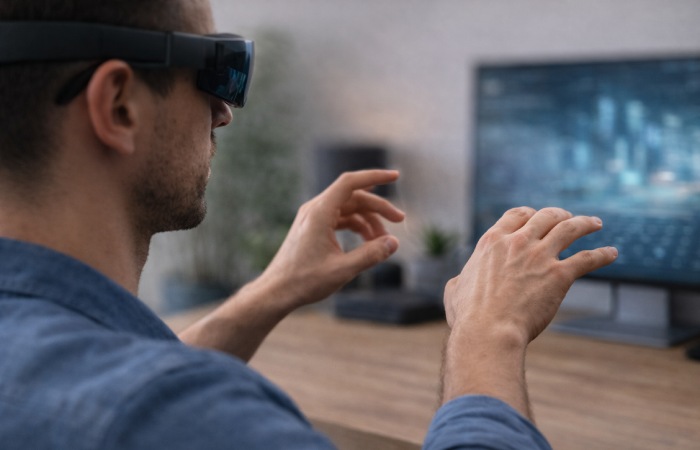 Close-up of hands performing gesture typing in augmented reality