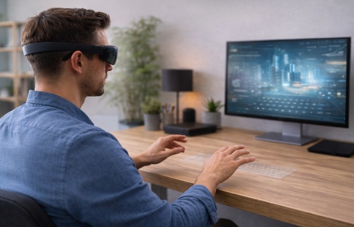 User interacting with a virtual keyboard using augmented reality glasses