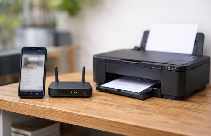 Smartphone and wireless printer connected to the same WiFi router