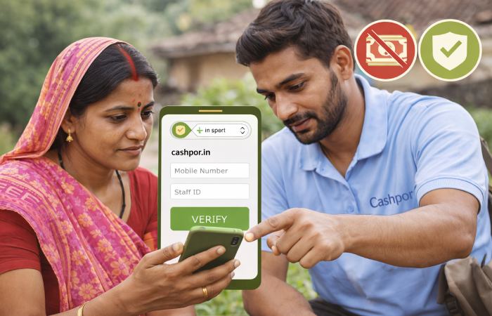 rural resident using mobile phone for digital financial services in India