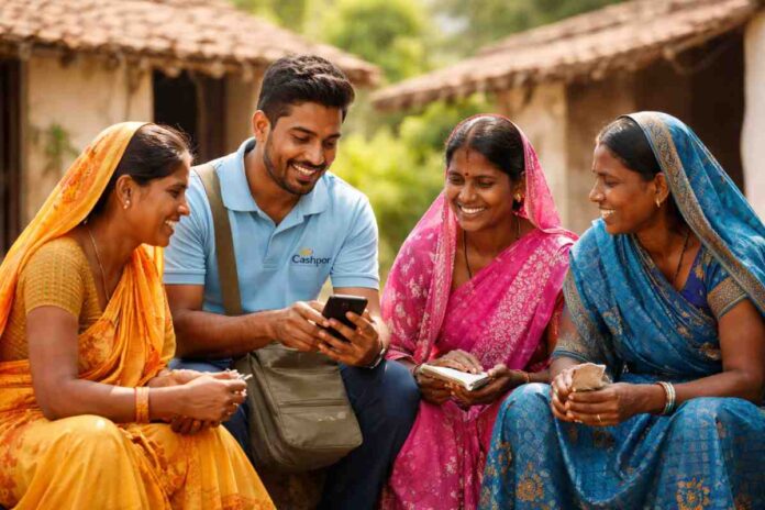 rural microfinance field officer discussing financial services with women in an Indian village setting