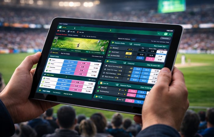 tablet displaying live sports betting exchange markets during a cricket match