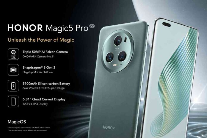 Honor Magic 5 Pro front and rear showing quad-curved OLED display and circular Star Wheel camera module